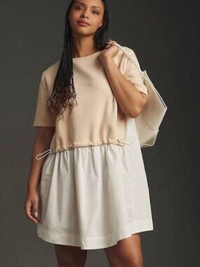 Pilcro Anthropology Short Sleeve Sweatshirt Twofer Mini beige white dress sz XL